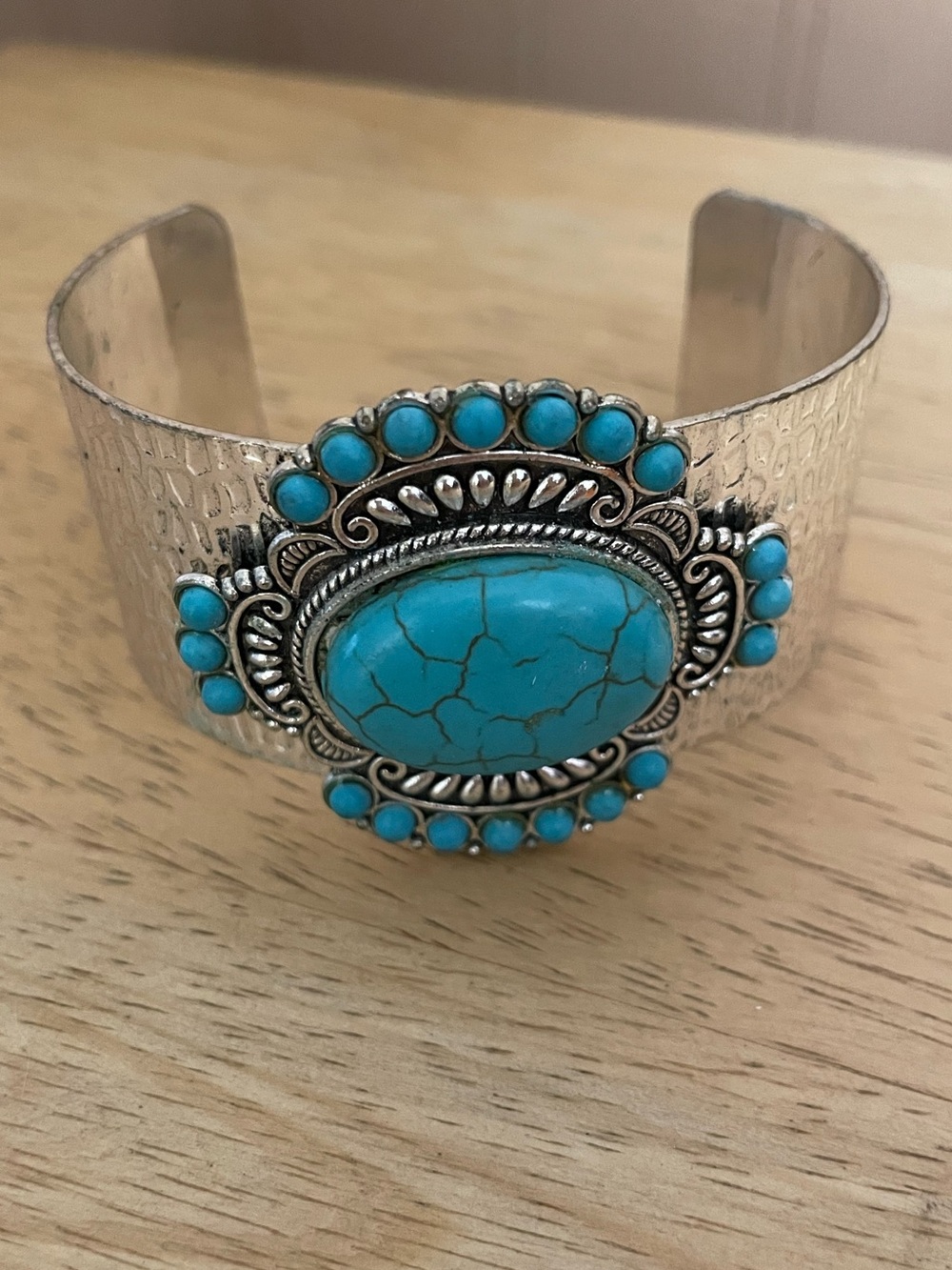 Southwestern Silver Hammered Cuff Bracelet Faux Turquoise Statement Adjustable